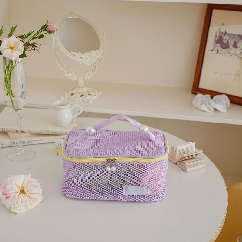Pink Large Capacity Travel Toiletry Organizer Breathable Mesh Cosmetic Storage Bag with Zippers - Image 4